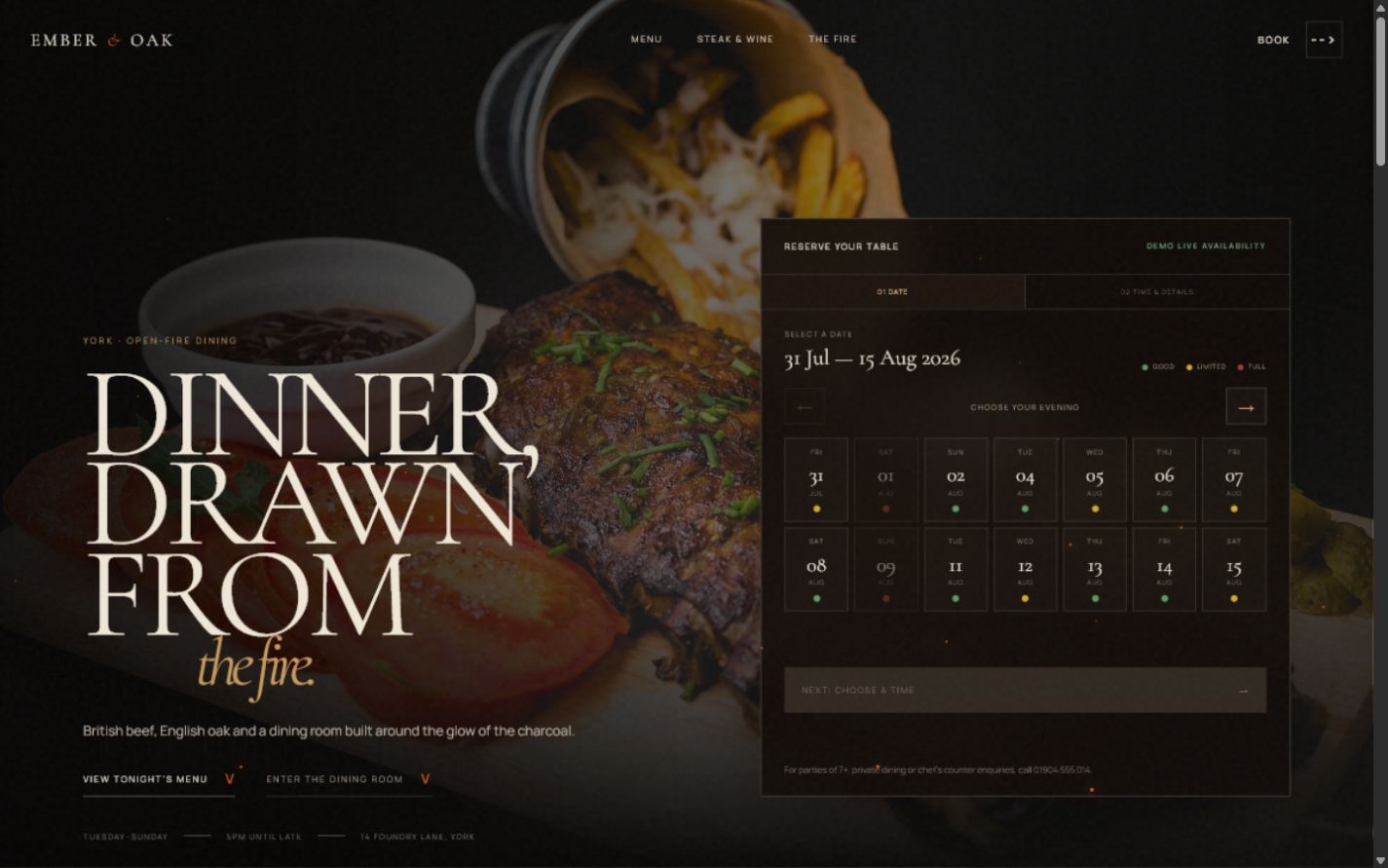 Ember and Oak Steakhouse desktop homepage