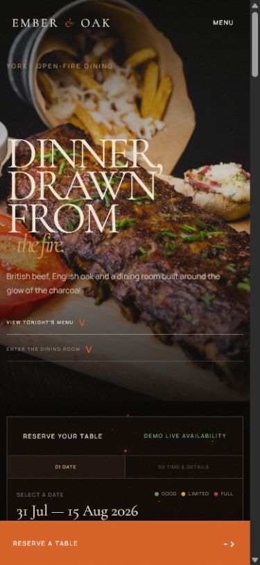 Ember and Oak Steakhouse mobile homepage