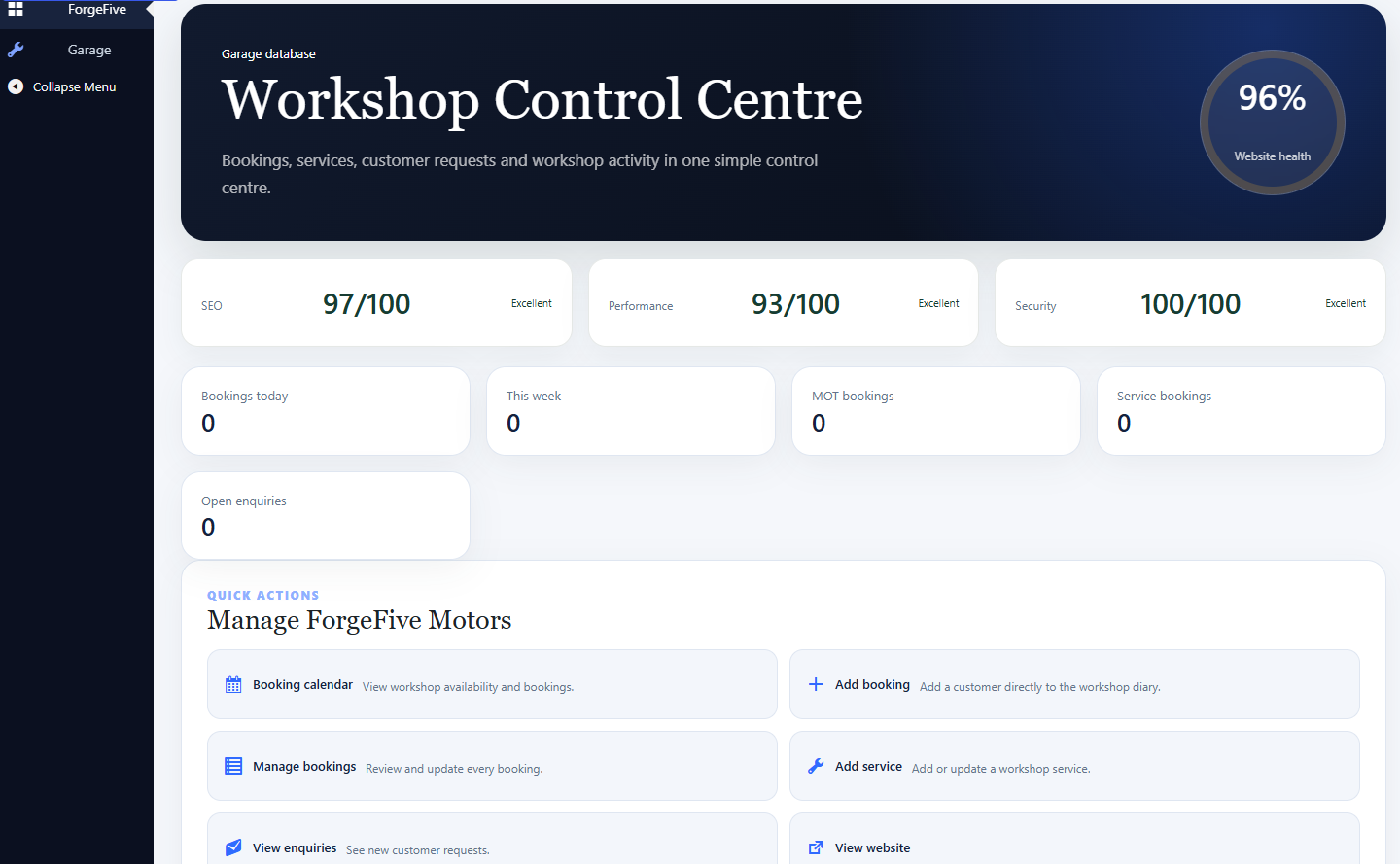 ForgeFive personalised garage control centre showing website health, bookings, enquiries and quick actions
