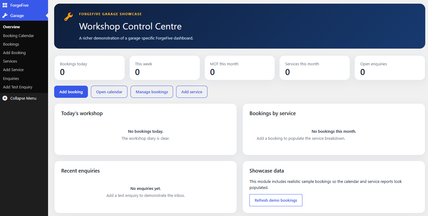 Garage-specific ForgeFive dashboard with bookings, workshop activity and enquiry management