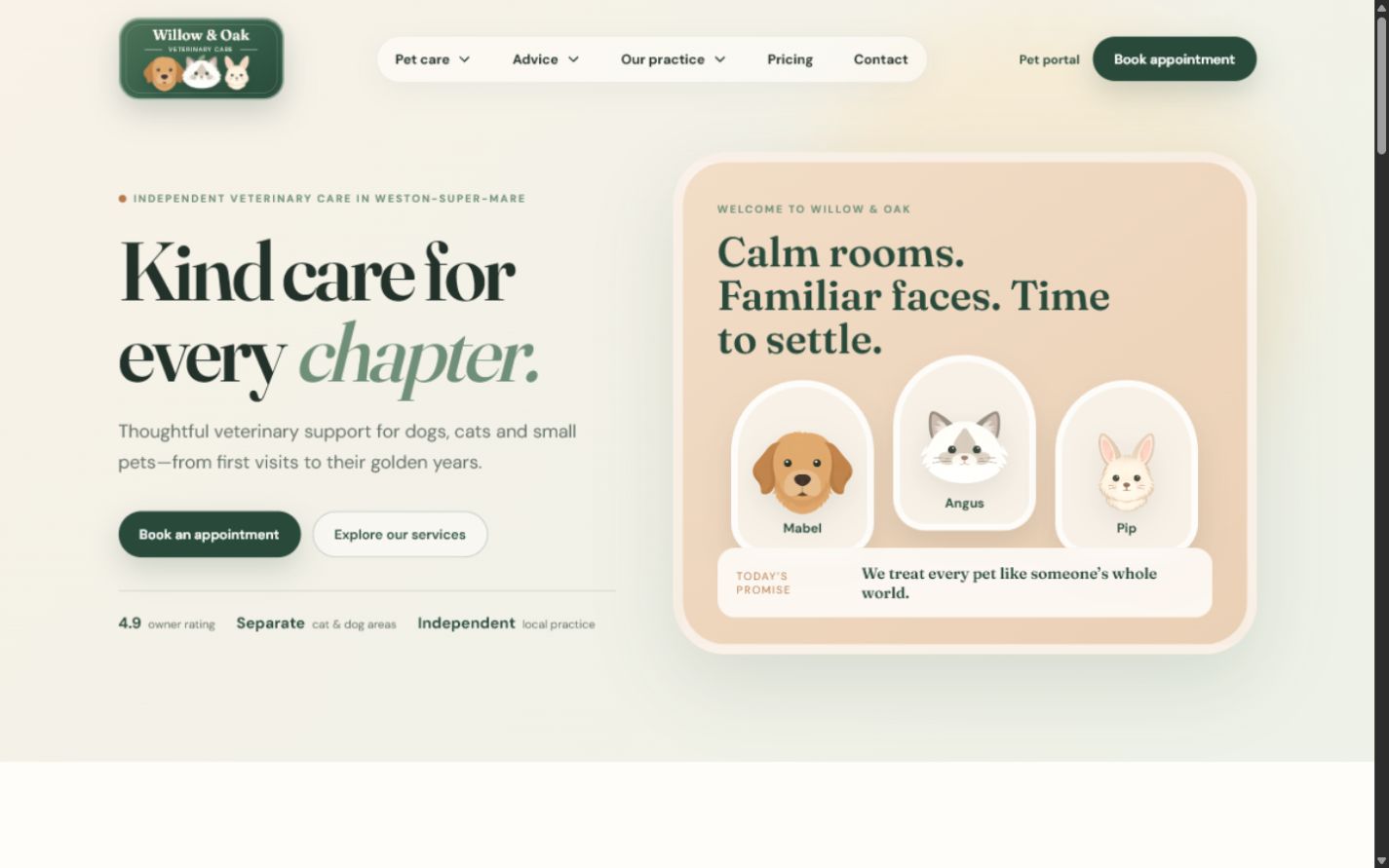 Willow and Oak Veterinary Care desktop homepage