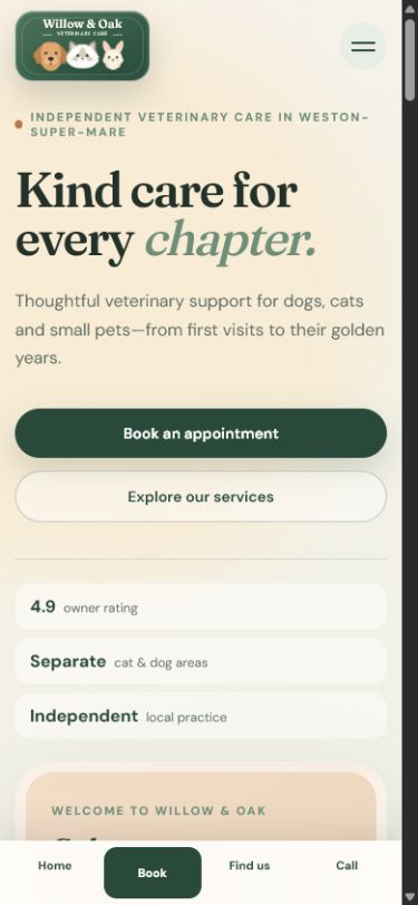 Willow and Oak Veterinary Care mobile homepage